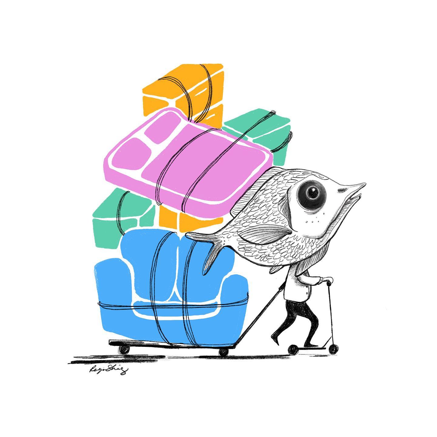 Fish-headed mover hauling brightly bundled furniture on a kick scooter