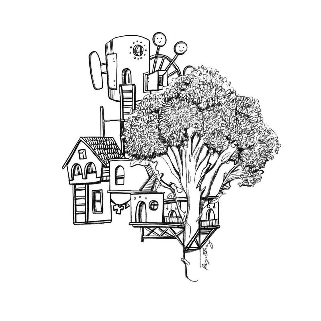 A village of small houses built into the branches of one large tree