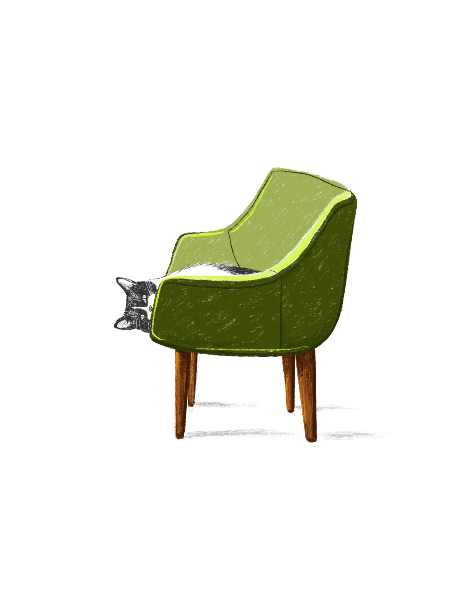 Illustration of a tuxedo cat lounging across a green velvet armchair
