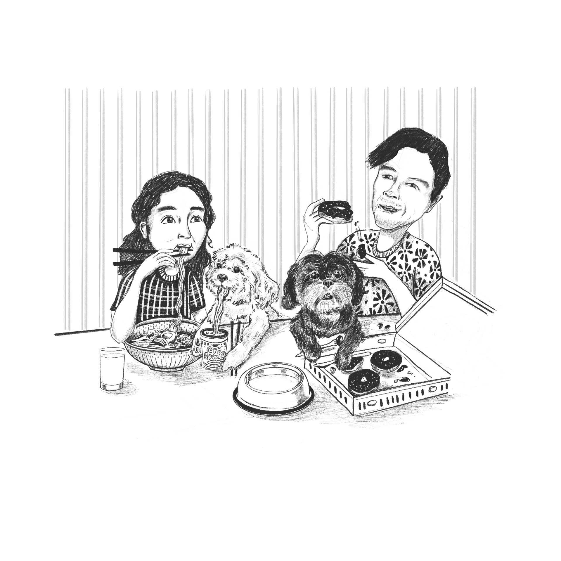 Portrait of a couple sharing noodles and donuts with their two small dogs