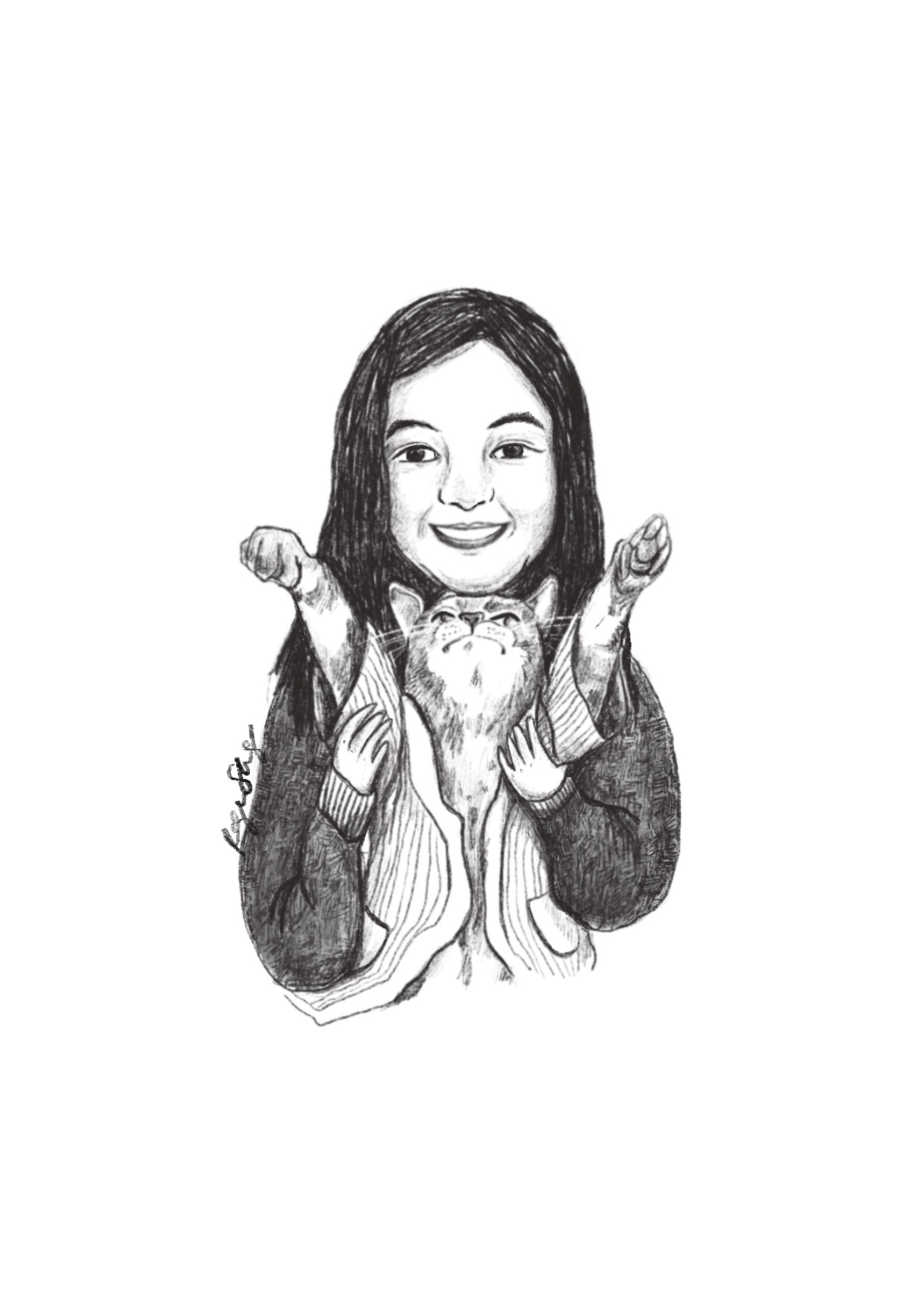 Portrait of a smiling girl holding up her tabby cat