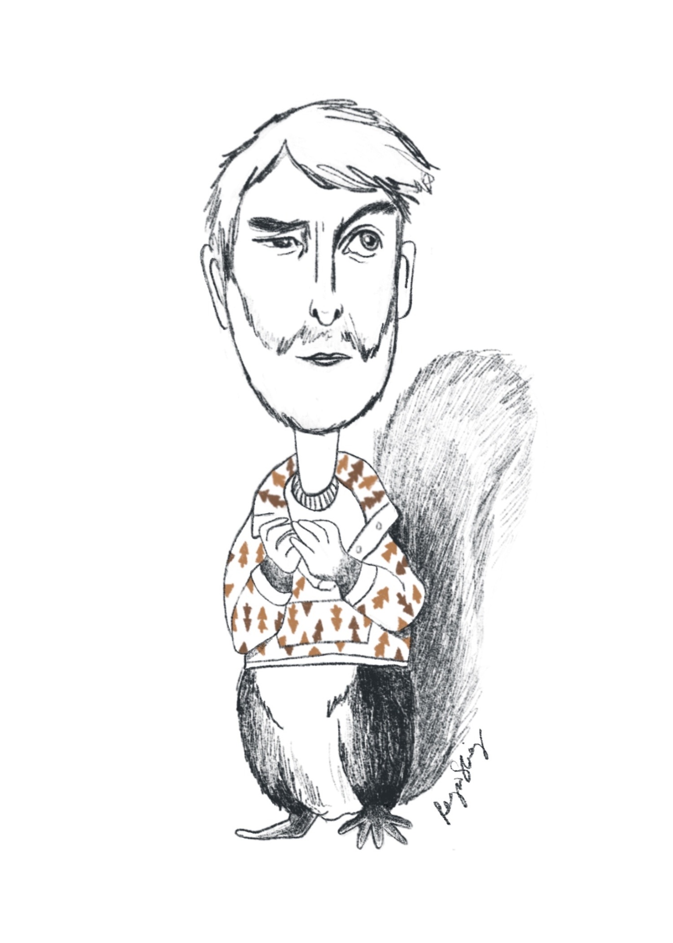 Whimsical portrait of a bearded man with the body of a squirrel in a patterned sweater