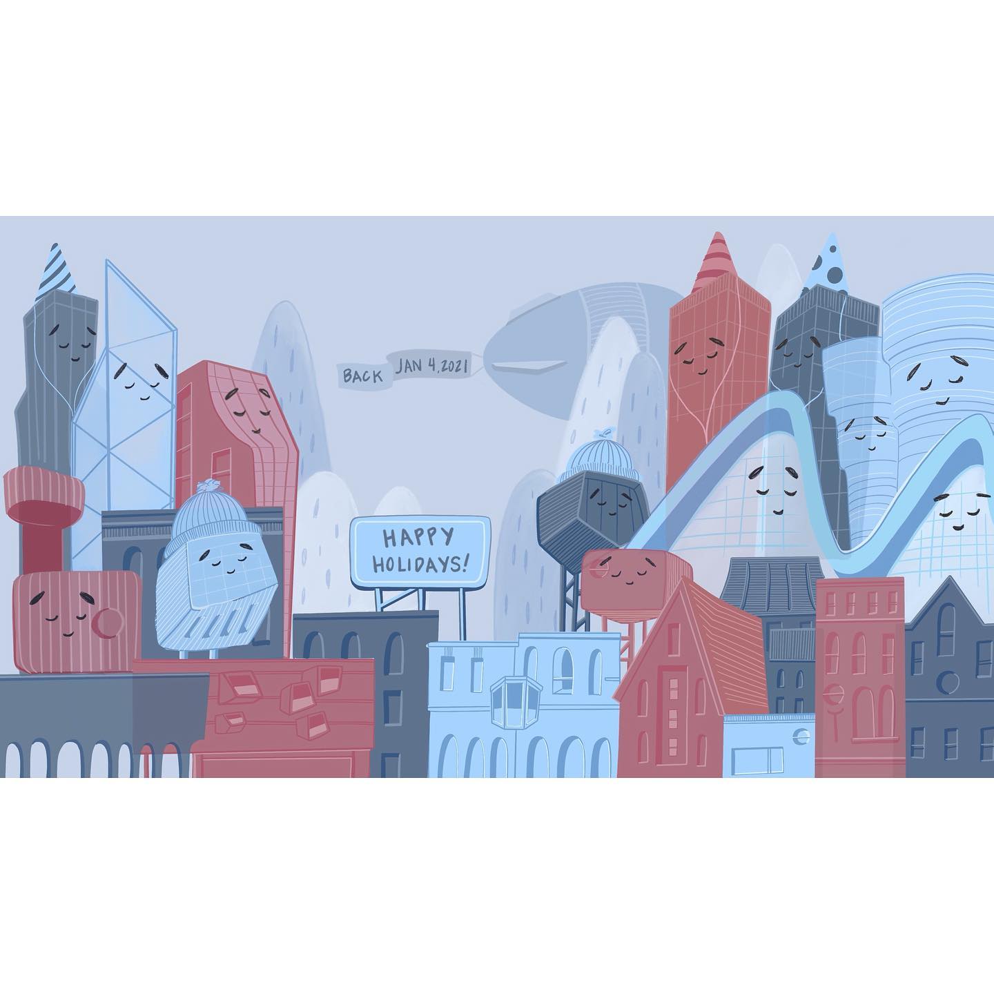 Editorial illustration of a wintery skyline of buildings wearing party hats and tuques