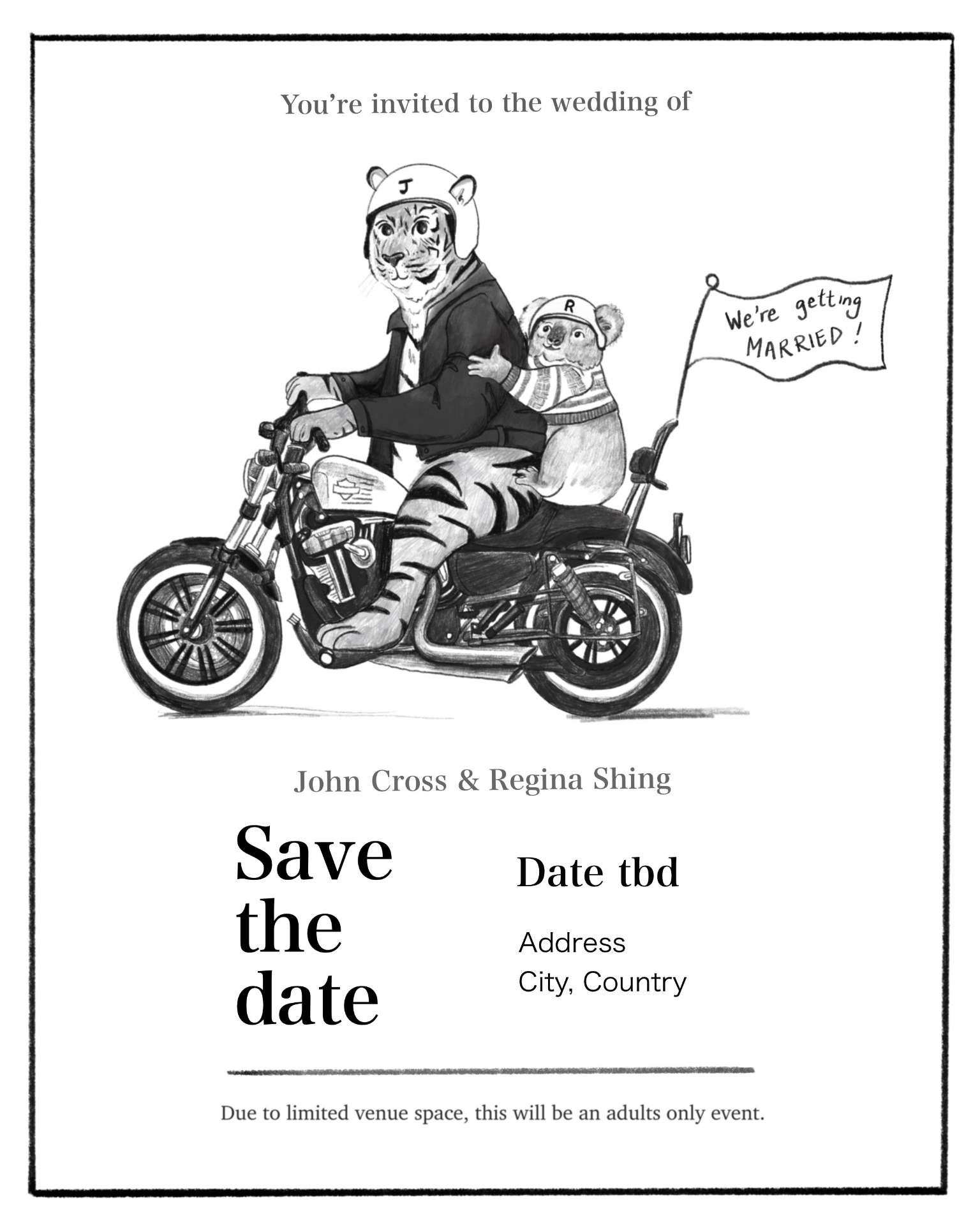 Save-the-date wedding invitation with a tiger and koala riding a motorcycle